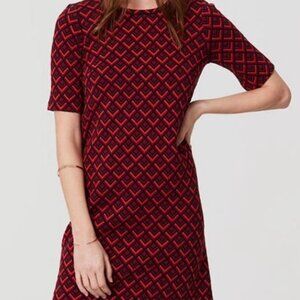 LOFT Red Orange Navy Blue Diamond Geometric Quilted Tunic Shift Dress, Size M